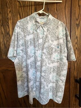 Huk Men's Short-Sleeve Floral Button-Up Shirt - Light Gray with Teal Accents